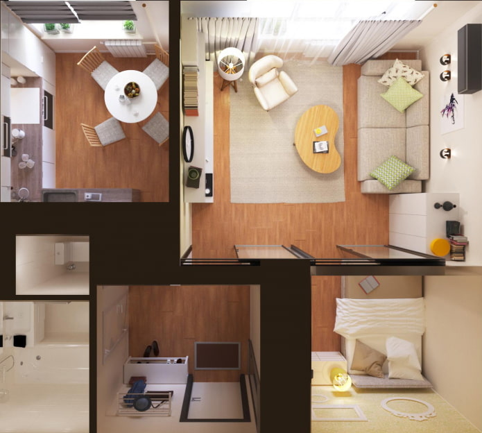 Odnushka with a fenced-off bed