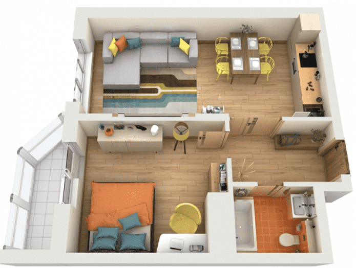 The layout of the apartment is 45 sq. m. The layout of the apartment is 45 sq. m.