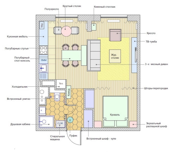 The layout of the apartment is 45 sq. m. The layout of the apartment is 45 sq. m.