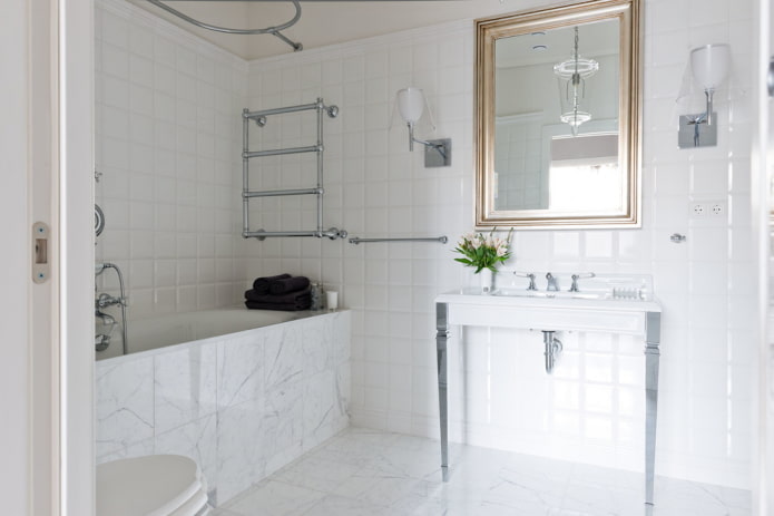 furnishings in the bathroom interior in white tones