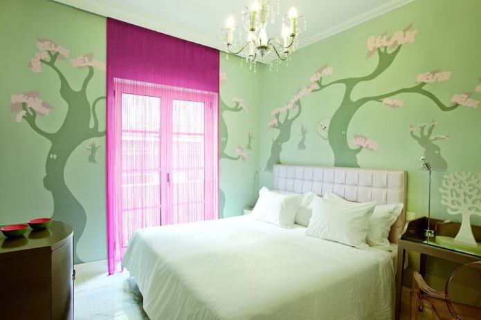 curtains in the interior of the bedroom in green tones curtains in the interior of the bedroom in green tones