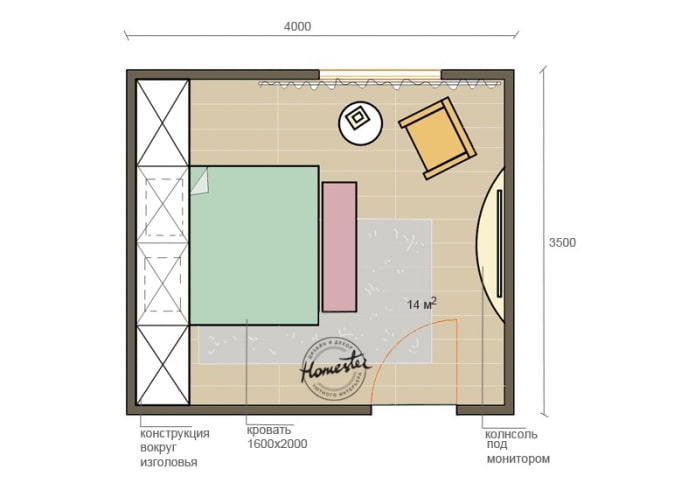 Layout of a bedroom 14 m2