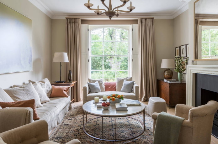 textiles in the interior of the hall in beige shades