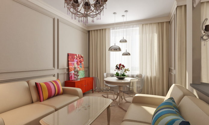 textiles in the interior of the hall in beige shades