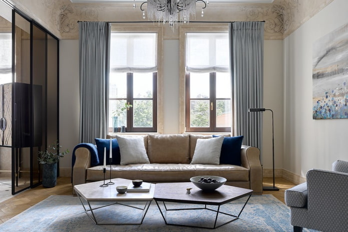 living room interior in beige and blue shades