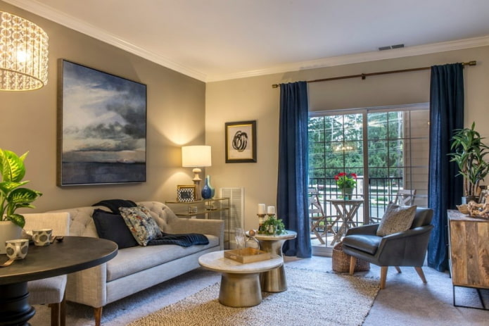 living room interior in beige and blue shades