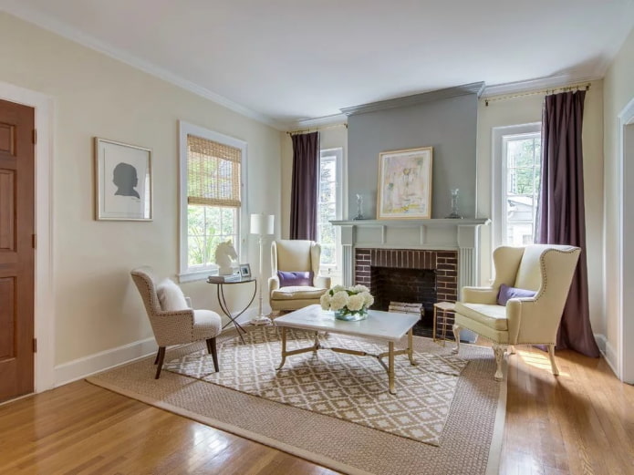 textiles in the interior of the hall in beige shades