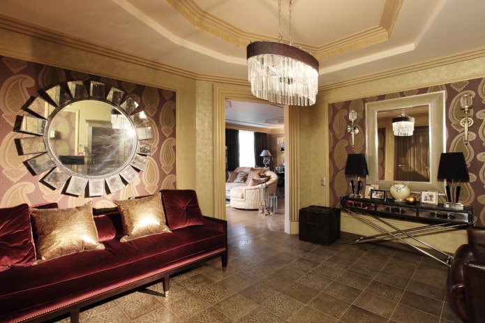 Velvet sofa, sun mirror