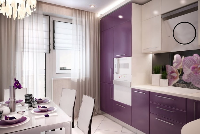 curtains in the interior of the kitchen in purple tones