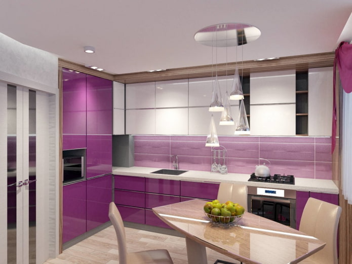 decor and lighting in the interior of the kitchen in purple tones