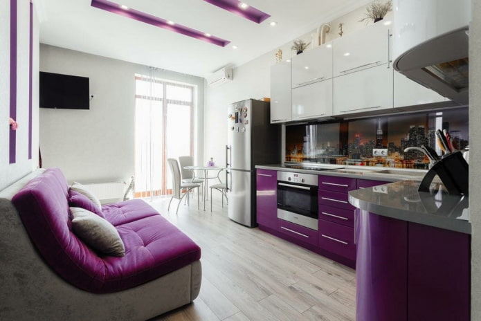 furnishings in the interior of the kitchen in purple tones