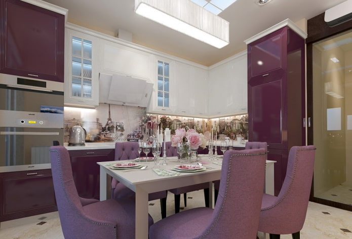 furnishings in the interior of the kitchen in purple tones