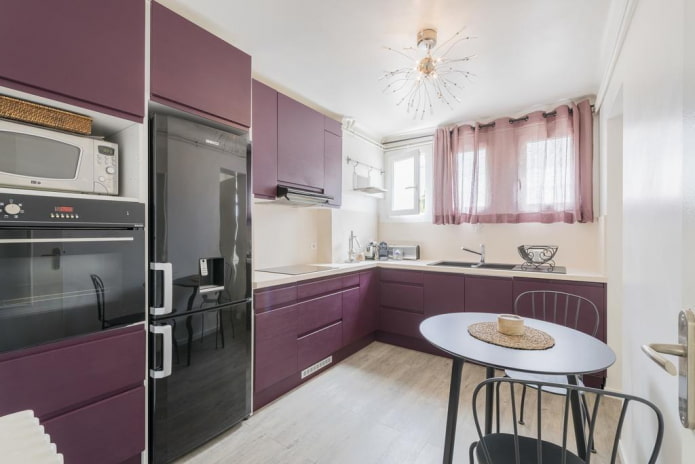 furnishings in the interior of the kitchen in purple tones