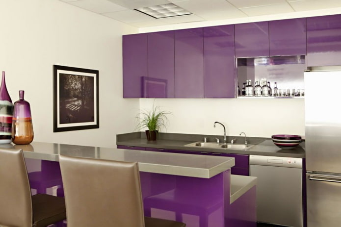 furnishings in the interior of the kitchen in purple tones