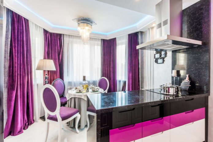 curtains in the interior of the kitchen in purple tones