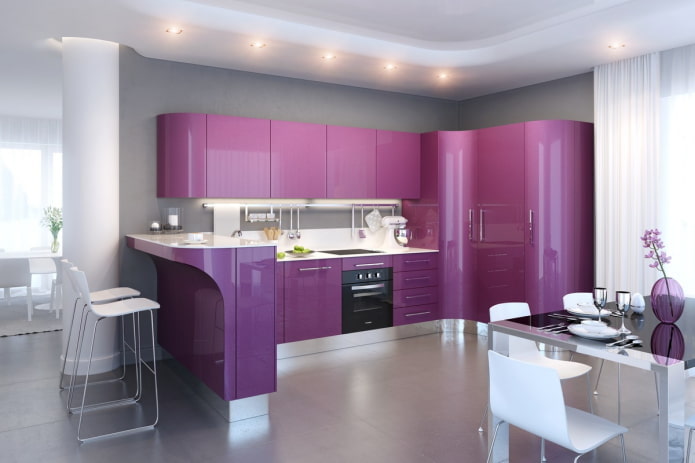 decor and lighting in the interior of the kitchen in purple tones