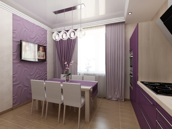 curtains in the interior of the kitchen in purple tones