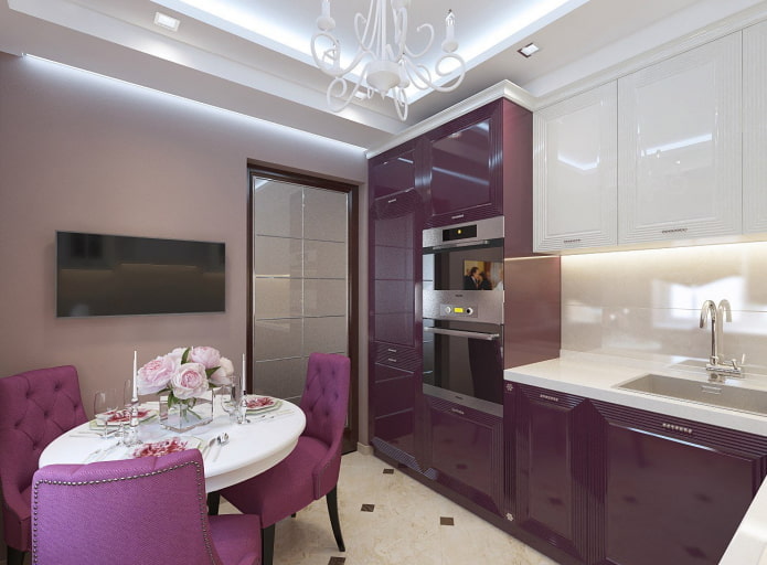 furnishings in the interior of the kitchen in purple tones