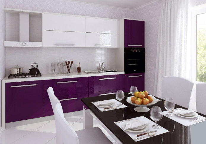 kitchen design in white and purple tones