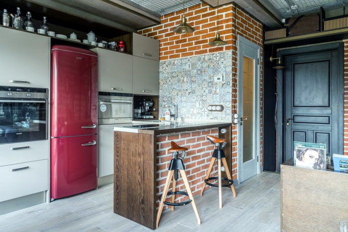 burgundy refrigerator as an accent in the kitchen