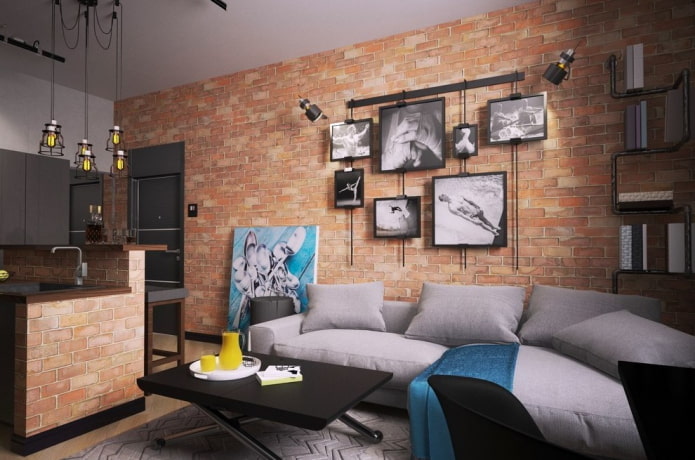 Posters and paintings on a brick wall background Posters and paintings on a brick wall background