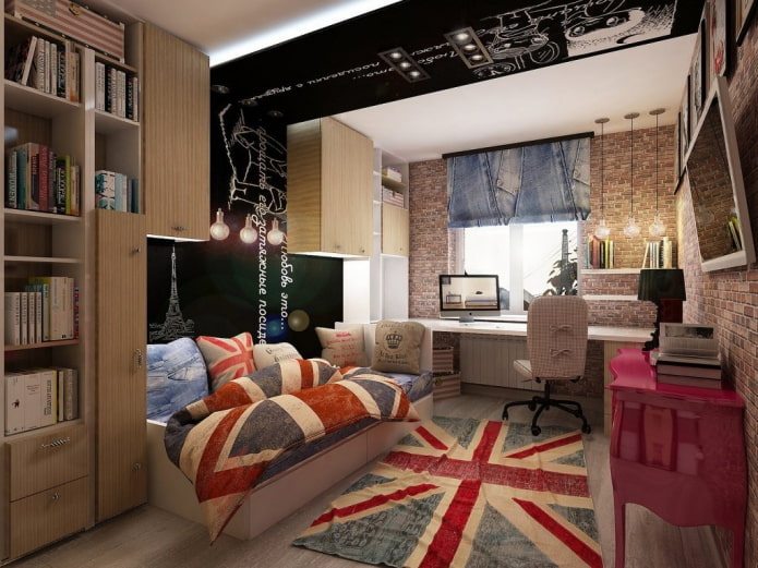 textiles in the interior of a nursery in an industrial style