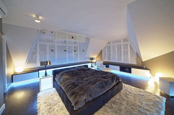 textiles in the interior of the bedroom in high-tech style