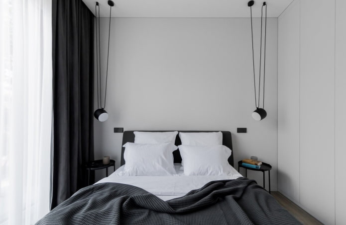 bedroom decor and lighting in black and white