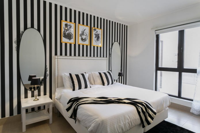 bedroom decor and lighting in black and white