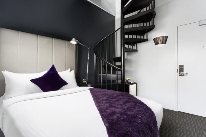 textiles in the interior of the bedroom in black and white