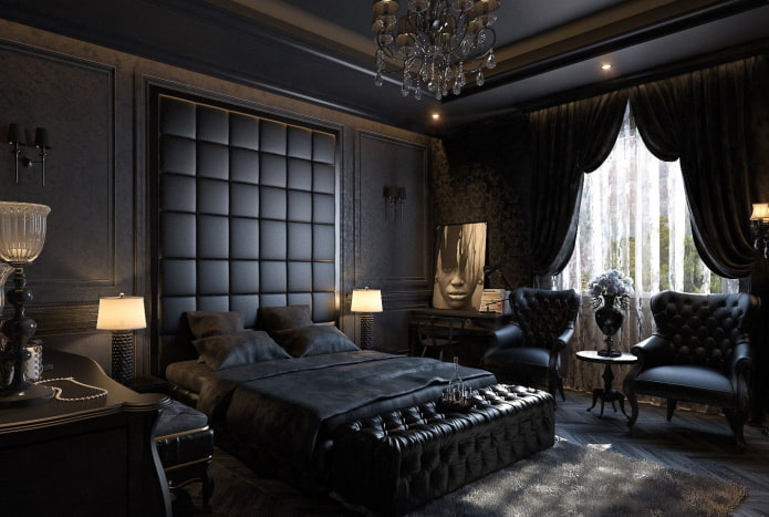 furniture in the interior of the bedroom in black tones furnishings in the interior of the bedroom in black tones
