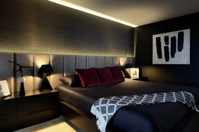 decor and lighting in the bedroom in black tones decor and lighting in the bedroom in black tones