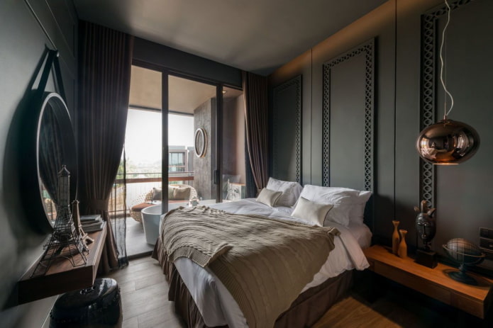 textiles in the interior of the bedroom in black colors textiles in the interior of the bedroom in black colors