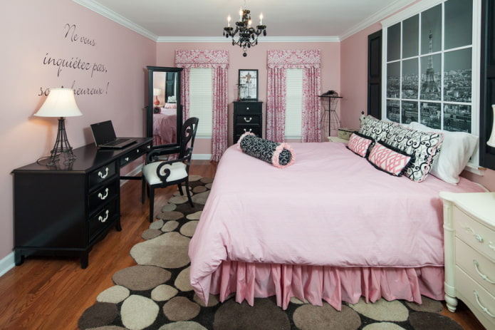 bedroom interior in black and pink colors bedroom interior in black and pink colors