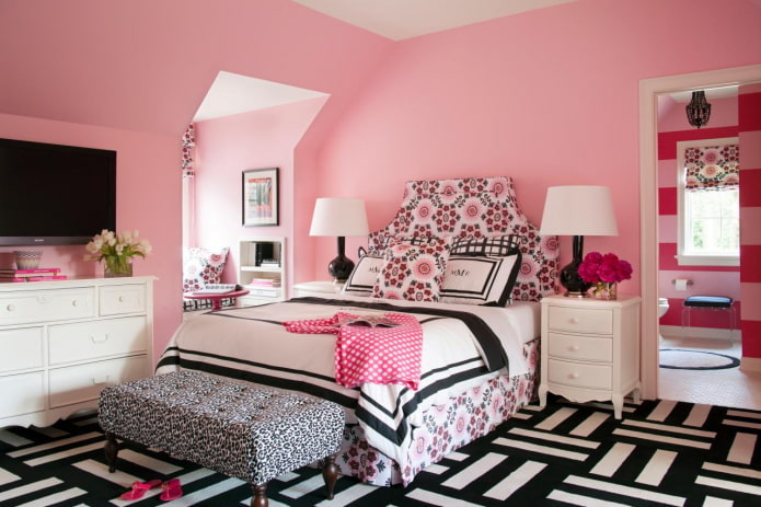bedroom interior in black and pink colors bedroom interior in black and pink colors
