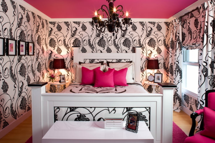 bedroom interior in black and pink colors bedroom interior in black and pink colors