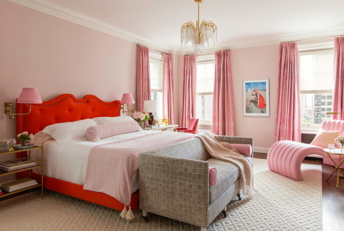 furnishings in the interior of the bedroom in pink tones furnishings in the interior of the bedroom in pink tones
