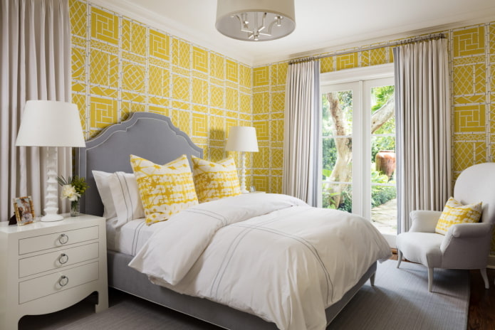 furnishings in the interior of the bedroom in yellow tones furnishings in the interior of the bedroom in yellow tones
