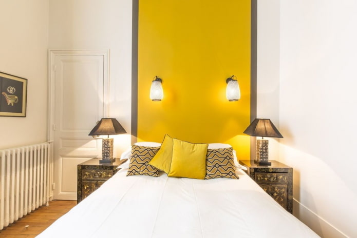 decor and lighting in the interior of the bedroom in yellow tones decor and lighting in the interior of the bedroom in yellow tones