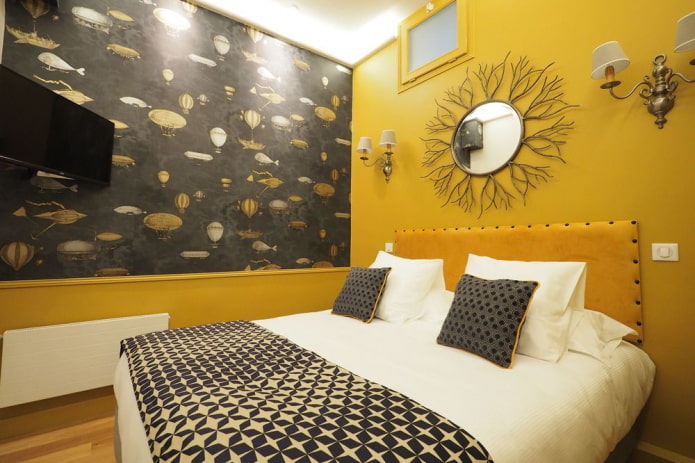 decor and lighting in the interior of the bedroom in yellow tones decor and lighting in the interior of the bedroom in yellow tones