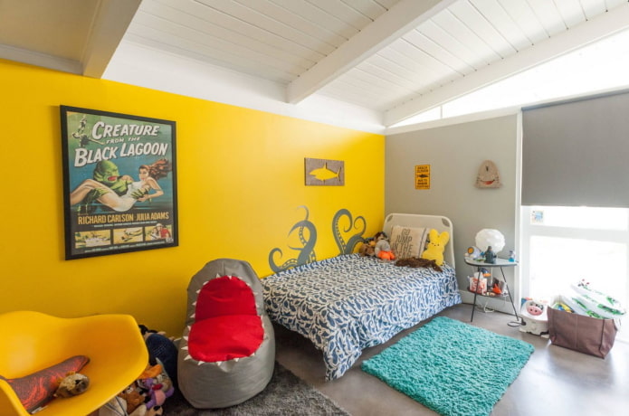 interior of a bedroom for a boy in yellow tones interior of a bedroom for a boy in yellow tones