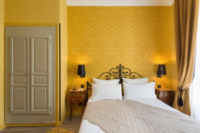 furnishings in the interior of the bedroom in yellow tones furnishings in the interior of the bedroom in yellow tones