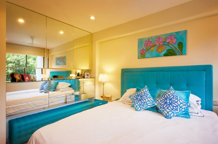 furnishings in the interior of the bedroom in yellow tones furnishings in the interior of the bedroom in yellow tones