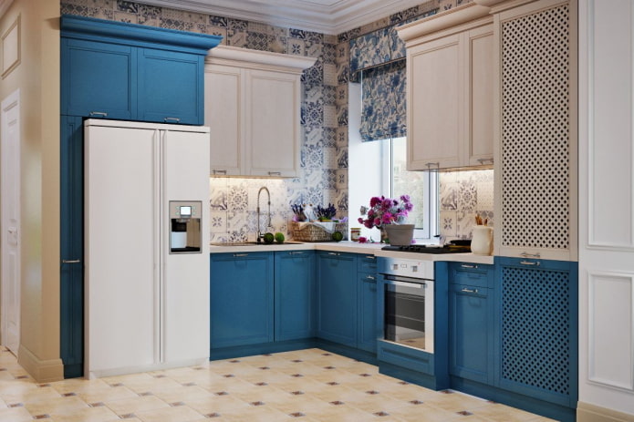 kitchen interior in beige and blue tones kitchen interior in beige and blue tones