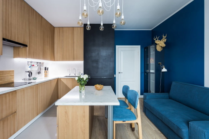 dining area in the interior of the kitchen in blue tones dining area in the interior of the kitchen in blue tones
