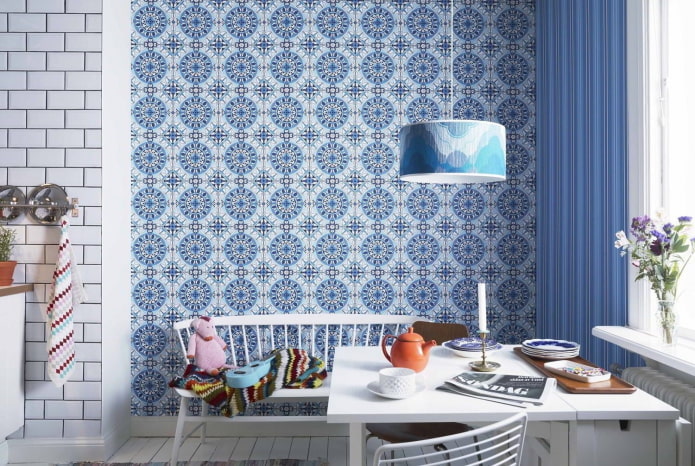 wallpaper in the interior of the kitchen in blue tones wallpaper in the interior of the kitchen in blue tones