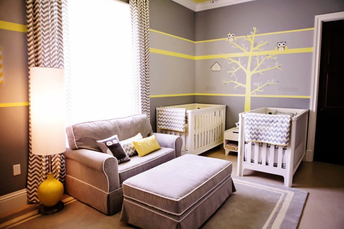 Gray-yellow nursery for twins