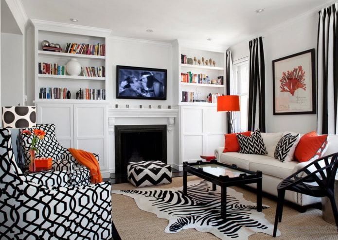 living room in black and white with bright accents living room in black and white with bright accents