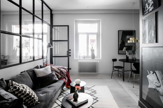 living room in black and white in Scandinavian style living room in black and white in Scandinavian style