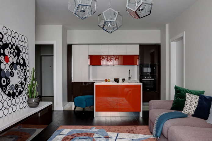 island in the interior of the kitchen-living room